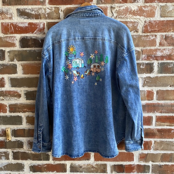 Billy T Denim Happy Camper Embroidered Shirt Shacket Overshirt MSRP $142 - Picture 6 of 16